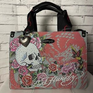 NWT Ed Hardy Love Kills Slowly Skull and Flowers Denim Bag with Crossbody Strap